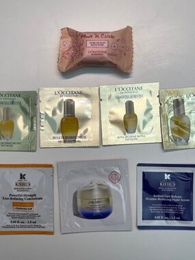 Lot of 8 NEW Luxury Skincare Samples & Bath Cube - L'Occitane, Shiseido, Kiehl's